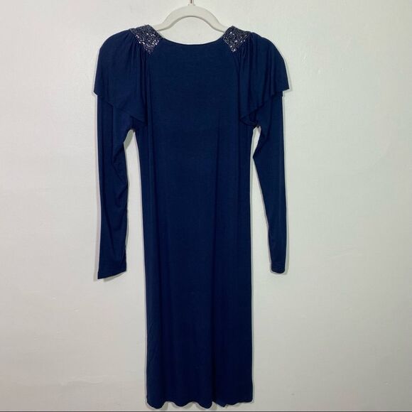 CHLOE Blue Long Sleeved Midi Dress with Beaded Collar and Fringed Shoulders - Picture 7 of 9